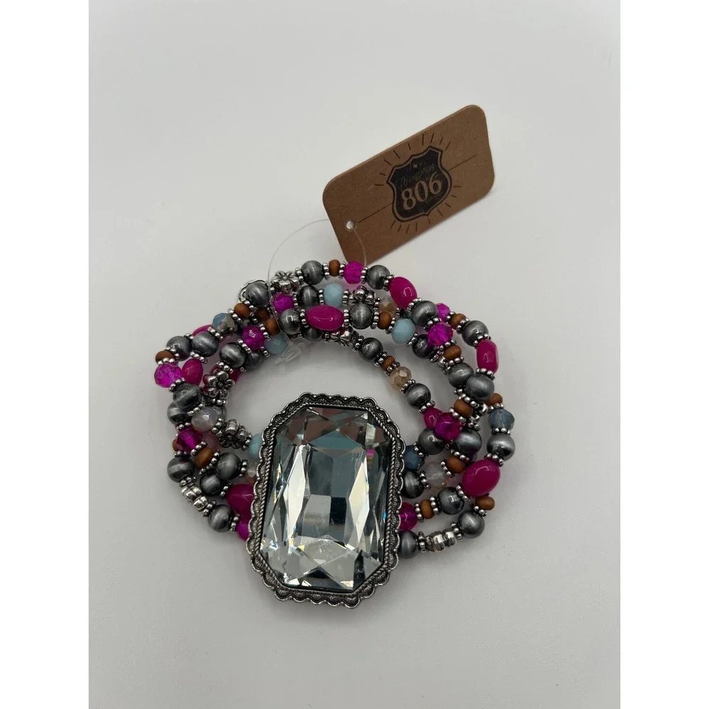 Accessories 806 Multi Strand Beaded Stretch Bracelet Oversized Crystal Statement